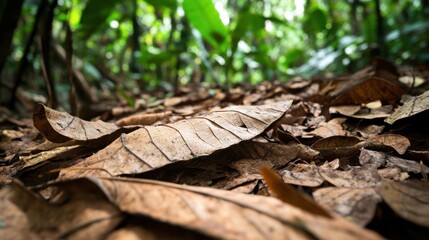A thick carpet of dry brittle leaves covers the forest floor with lush green vegetation in the blurred background