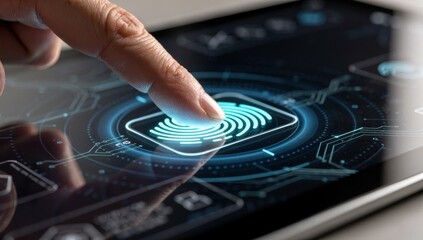 Fingerprint Biometric Scan on Digital Tablet Screen for Secure Access. Represents zero trust security, identity verification, and data protection.