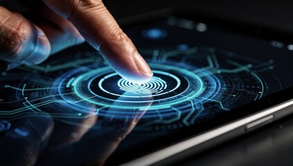 Fingerprint Biometric Scan on Digital Tablet Screen for Secure Access. Represents zero trust security, identity verification, and data protection.