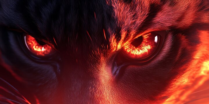 Close up of a tiger face with glowing red eyes and fur illuminated by fiery red light effect