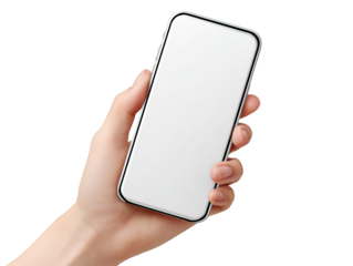 Hand Holding A Blank Screen Smartphone Mockup, Transparent Background, White Device PNG File.