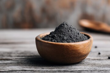 Skincare Exfoliation Ritual concept. Black spice powder in a wooden bowl on a rustic table.