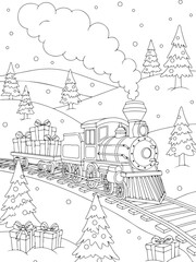 Obraz premium Christmas Train Coloring Book Page Vector Illustration with Gifts and Snowing Trees