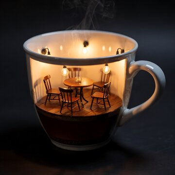 Surreal Coffee Mug Interior with Espresso Bar and Cups