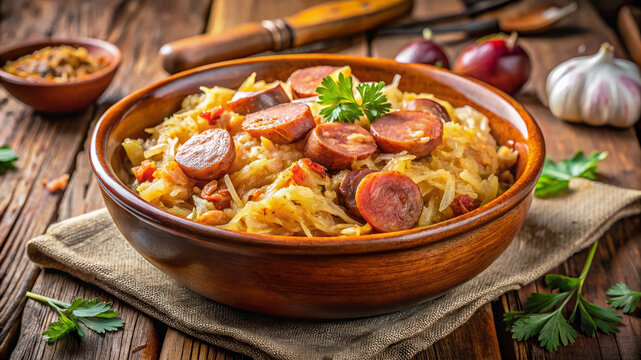 Hearty bowl of bigos with sliced sausage, visible sauerkraut, and fresh parsley on wooden table. Savory bowl of bigos combines traditional Polish stew ingredients for satisfying meal.