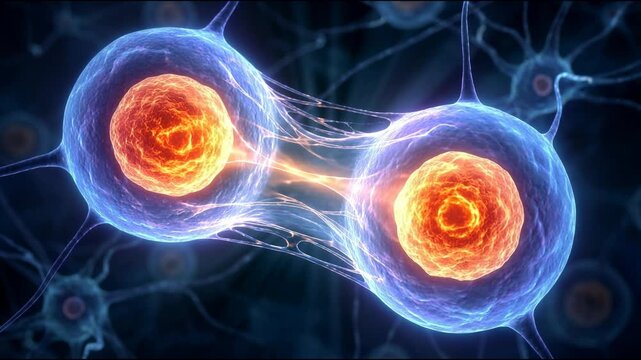 Microscopic animation of glowing biological cells dividing during mitosis process representing scientific research and microbiology evolution in the human body 4k.