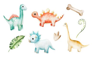Cute dinosaur set, Tropical leafs, bones. Watercolor hand drawn prehistoric triceratops, diplodocus,Spinosaurus, Brachiosaurus animal. Isolated illustration on transparent background. Perfect for for © Natalia