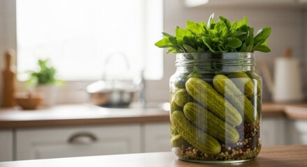 Pickled cucumbers in a glass jar on a kitchen counter