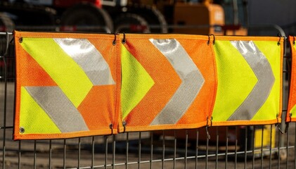 Medium shot displaying highvisibility safety textile panels with reflective elements integrated into outdoor signage designed for maximum attention and hazard warning.