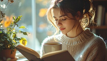 Person enjoying a quiet moment reading a book with a cup of coffee near a window, bathed in soft daylight, creating a calm reflective lifestyle scene ideal for relaxation and mindfulness concepts.