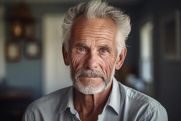 Close up of a confident, distinguished elderly man with a greying beard and thoughtful expression, conveying wisdom and experience