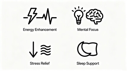 Elements such as energy enhancement and mental focus represent health functions that relieve stress and aid sleep, suitable for use in health product materials.

