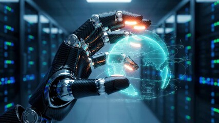 Futuristic robotic hand holding a spinning holographic earth globe in a server room representing artificial intelligence and global digital connectivity 4k. - Powered by Adobe