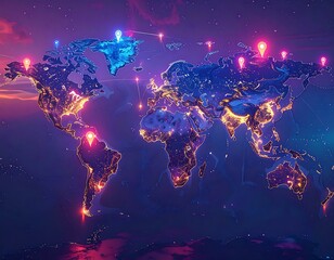 Illuminated world map showing global connections with bright markers