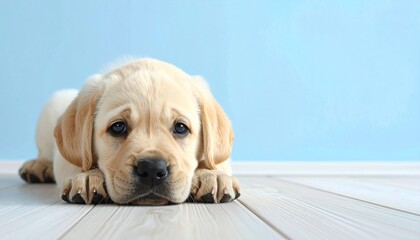 Adorable, light-furred puppy rests paws on floor, gazes at viewer, blue backdrop