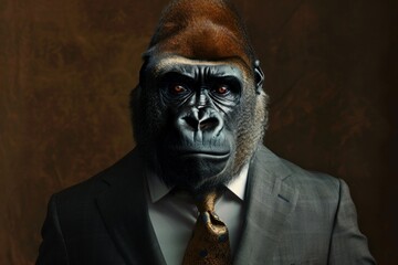 Ai generated image of a serious gorilla wearing a suit and tie on a brown background