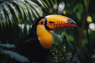 Obraz premium Close up of a channel billed toucan perched amidst lush foliage, showcasing its vibrant beak and plumage