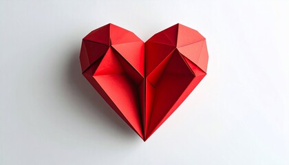 Geometric red origami heart sits on a white surface, casting a subtle shadow