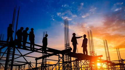 Silhouette of construction workers collaborating on a scaffolding structure against a dramatic sunset sky illustrates teamwork and industry.