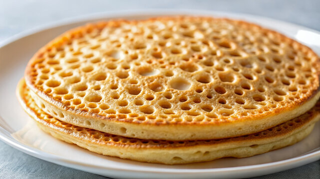 Golden baghrir pancake stack with visible holes on a white ceramic plate. Mini baghrir pancake features unique texture, a traditional Moroccan and North African specialty.