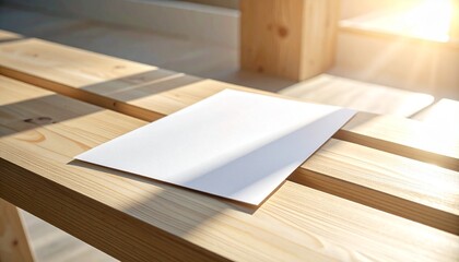 Blank white paper resting on a wooden bench bathed in warm sunlight, highlighting a serene outdoor setting