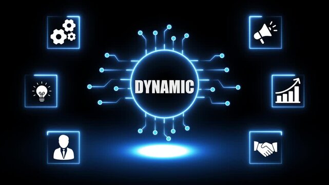 Dynamic business concept with glowing circuit board and icons for teamwork innovation growth marketing and success in digital technology