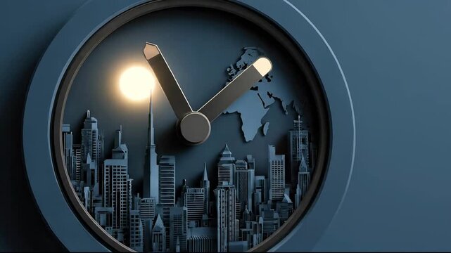Animated Blue 3D Clock with Papercut Cityscape and World Map Zooming In