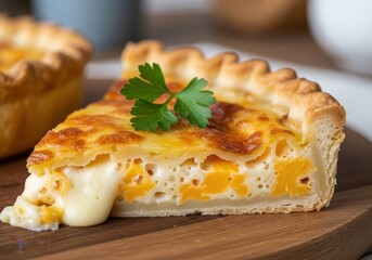 Slice of quiche with golden brown crust and creamy filling, garnished with parsley