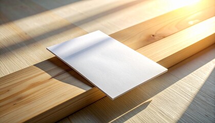 Fototapeta premium Blank sheet of paper resting on a wooden surface with warm sunlight casting shadows, creating a serene and minimalist aesthetic