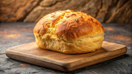 Naklejka premium Golden bannock bread on rustic wooden board, freshly baked and ready for slicing. Hearty bannock bread showcases homemade goodness and traditional baking. Perfect bannock bread for food blogs.