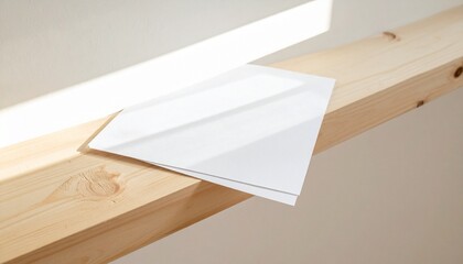 A white angular paper object resting on natural wooden beams, creating a minimalist and clean aesthetic