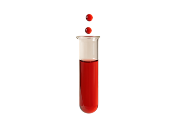 Red liquid in glass test tube with two drops