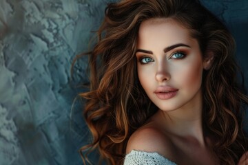 Naklejka premium Studio portrait of a beautiful woman with long wavy hair and professional makeup over a textured background