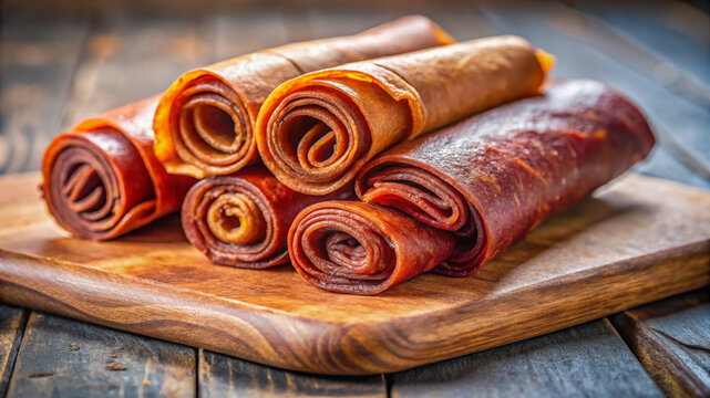 Rolled sheets of tklapi fruit leather arranged on rustic wooden board, vibrant, wholesome snack. Traditional tklapi fruit leather, made from pureed fruits, offers chewy, flavorful treat.