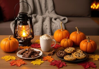 Cozy autumn scene with pumpkins, cookies, hot chocolate, and a lantern