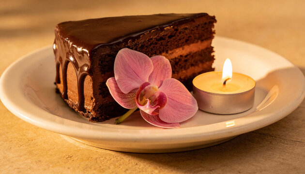Chocolate Cake, Candle Lit - Sweet Birthday Dessert on Christmas Plate - Encyclopedic Food Photography