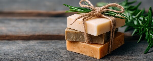 Skincare Exfoliation Ritual concept. Natural handmade soaps stacked with a sprig of greenery.