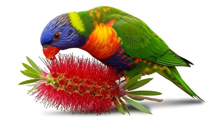 A vibrant rainbow lorikeet perched while feeding on a bright red bottlebrush flower