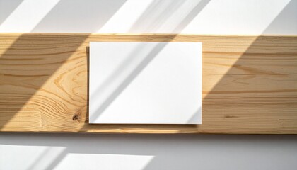 Blank white square tile placed on a light brown wooden surface with dramatic diagonal shadows cast by sunlight
