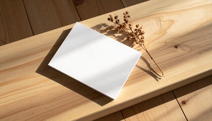 Blank white card with dried plant on a wooden surface with natural light