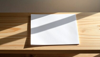 Blank white square paper sheet on a natural wooden surface bathed in sunlight, casting dynamic shadows, offering a clean, minimalist canvas for your message, design, or creative mockup