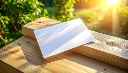 Blank white card on rustic wood, bathed in warm sunlight through green leaves. Perfect copy space for custom messages or outdoor design mockups