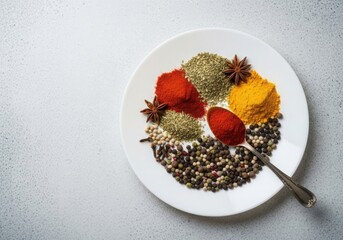 Assortment of colorful spices arranged on a white plate with a spoon