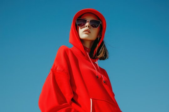 Young stylish woman wearing red hoodie and sunglasses posing against blue sky