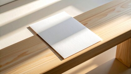 Clean and minimalist blank white square card or brochure mockup template presented on a natural light wooden surface, illuminated by sunlight with stark shadows, perfect for design and branding