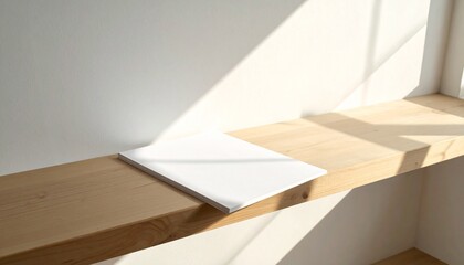 Minimalist wooden shelf with sunlight casting geometric shadows on a white book