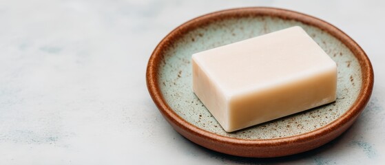Skincare Exfoliation Ritual concept. Soap bar on a ceramic plate, minimalist aesthetic.