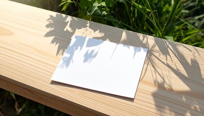 Blank paper on a wooden surface in nature, with green leaves and sunlight casting shadows