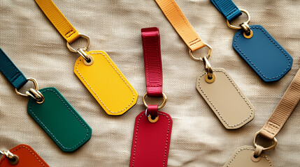 Colorful leather tags on a textured fabric background with copy space