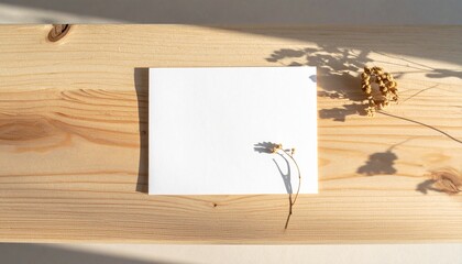 Serene flat lay of a blank white square card on a sunlit wooden background, accented by subtle dried florals, perfect for invitations, greetings, or personalized messages